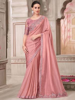 Pink women solid embroidered satin designer saree 1