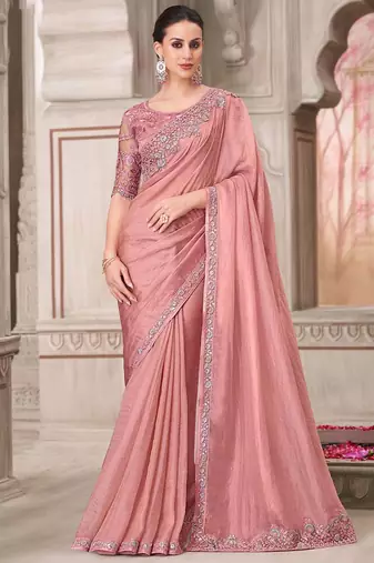 Pink women solid embroidered satin designer saree