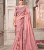 Pink women solid embroidered satin designer saree