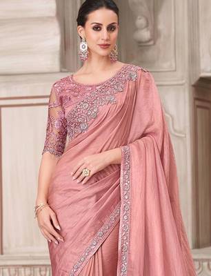 Pink women solid embroidered satin designer saree 2