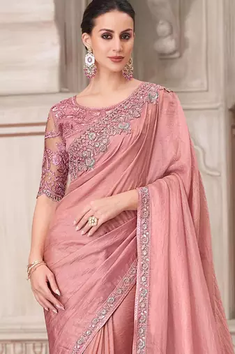 Pink women solid embroidered satin designer saree