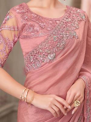 Pink women solid embroidered satin designer saree 3