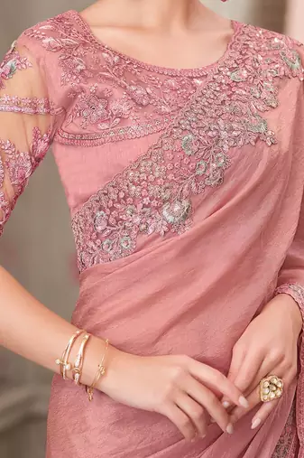 Pink women solid embroidered satin designer saree