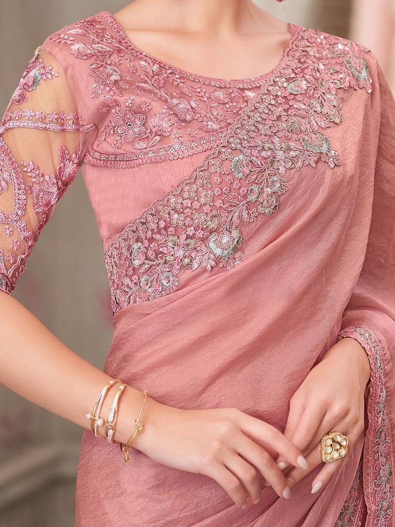 Pink women solid embroidered satin designer saree