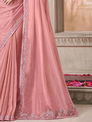 Pink women solid embroidered satin designer saree 4