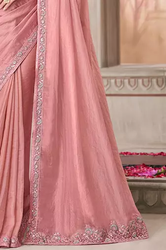 Pink women solid embroidered satin designer saree