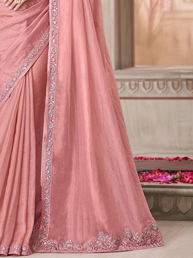 Pink women solid embroidered satin designer saree