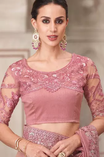 Pink women solid embroidered satin designer saree