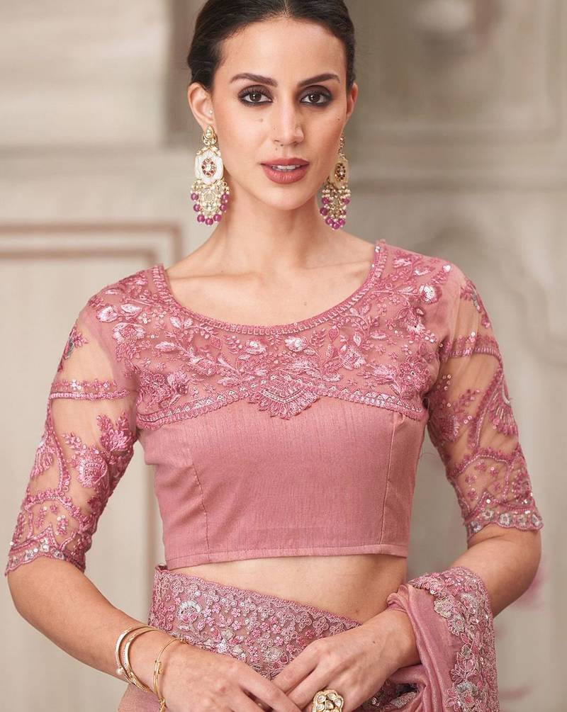 Pink women solid embroidered satin designer saree