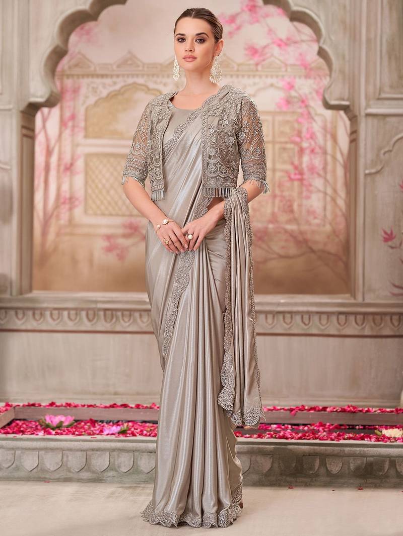 silver embellished sequinned satin saree