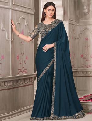 teal embellished sequinned satin saree 1