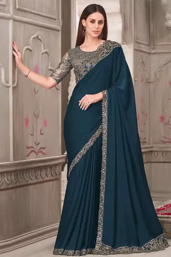 teal embellished sequinned satin saree