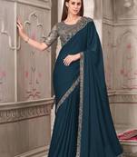 teal embellished sequinned satin saree