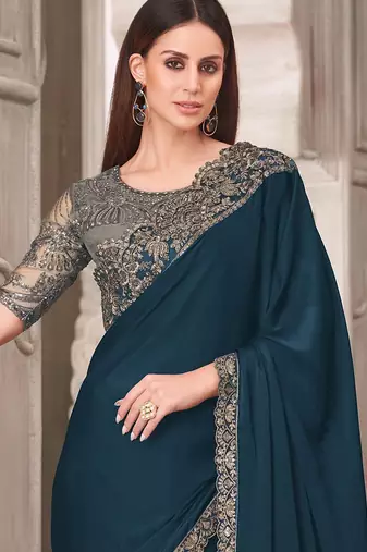 teal embellished sequinned satin saree