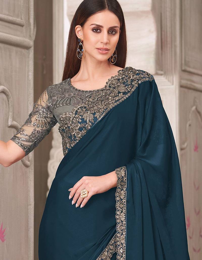 teal embellished sequinned satin saree