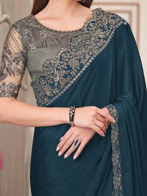 teal embellished sequinned satin saree 3