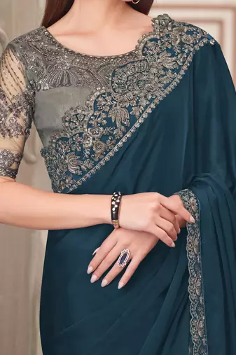 teal embellished sequinned satin saree