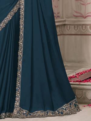 teal embellished sequinned satin saree 4