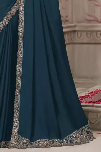 teal embellished sequinned satin saree
