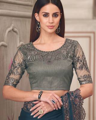 teal embellished sequinned satin saree 5