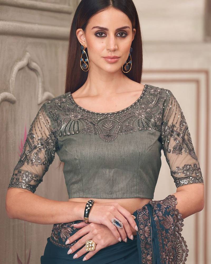 teal embellished sequinned satin saree