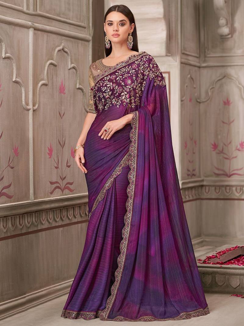 purple sequinned pure georgette saree