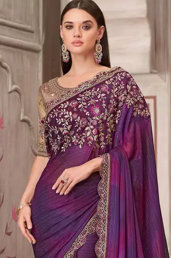 purple sequinned pure georgette saree