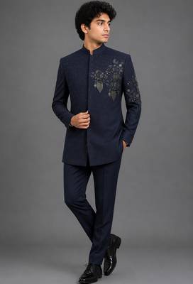 Midnight blue embroidered bandhgala set 1