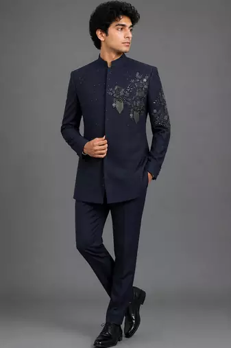 Midnight blue embroidered bandhgala set