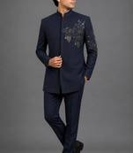 Midnight blue embroidered bandhgala set