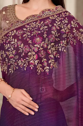 purple sequinned pure georgette saree