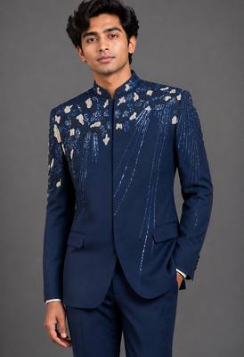 Midnight blue embellished bandhgala set 2