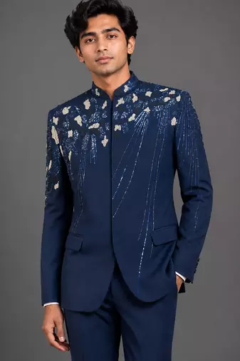 Midnight blue embellished bandhgala set