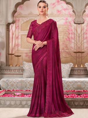 Maroon striped sequinned satin saree 1