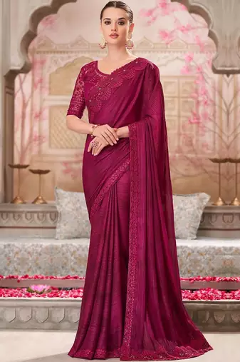 Maroon striped sequinned satin saree