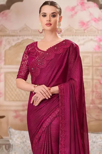 Maroon striped sequinned satin saree