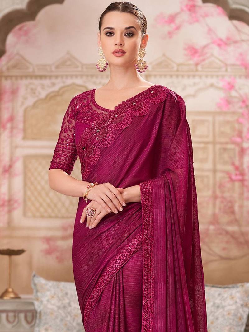 Maroon striped sequinned satin saree