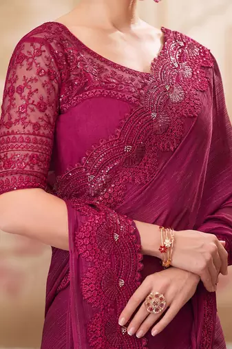 Maroon striped sequinned satin saree