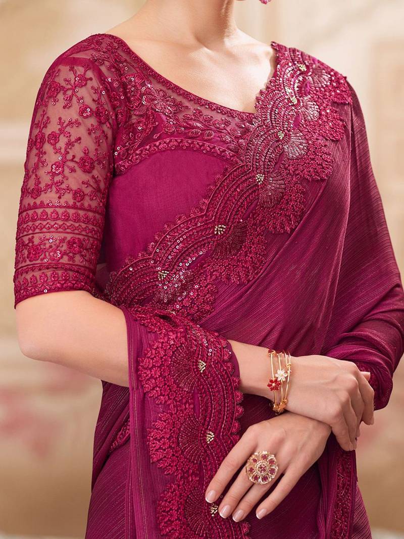 Maroon striped sequinned satin saree