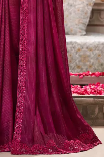 Maroon striped sequinned satin saree
