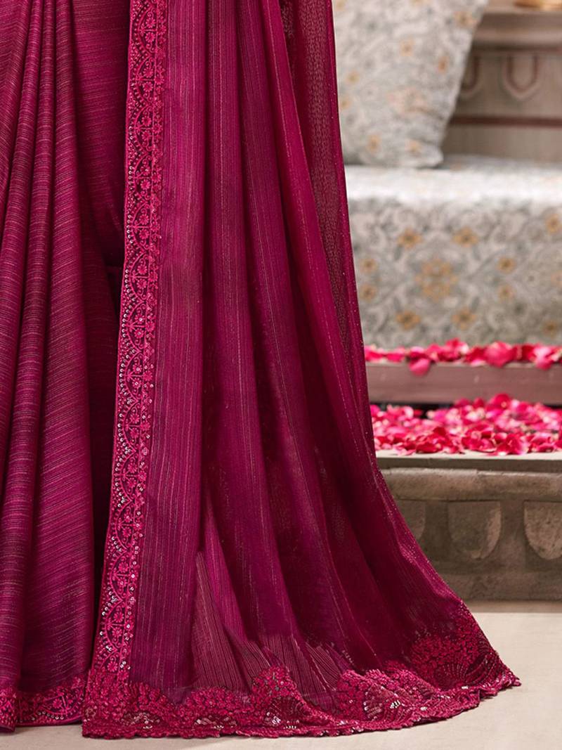 Maroon striped sequinned satin saree