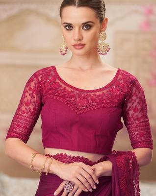 Maroon striped sequinned satin saree 5