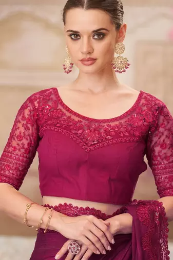 Maroon striped sequinned satin saree