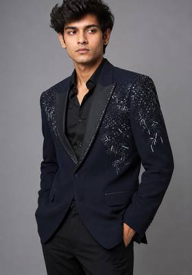 Midnight blue embroidered tuxedo set 2