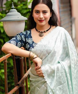 Turquoise turquoise blue ethnic motifs woven design gotta patti saree 3