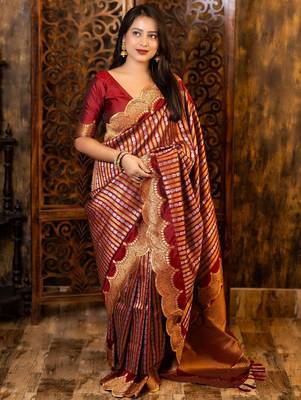 Maroon ethnic motifs woven design zari banarasi saree 1