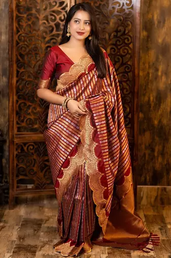 Maroon ethnic motifs woven design zari banarasi saree