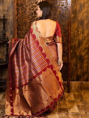 Maroon ethnic motifs woven design zari banarasi saree 2