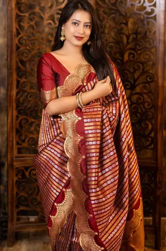 Maroon ethnic motifs woven design zari banarasi saree