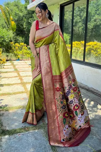 Green woven design zari silk blend paithani saree